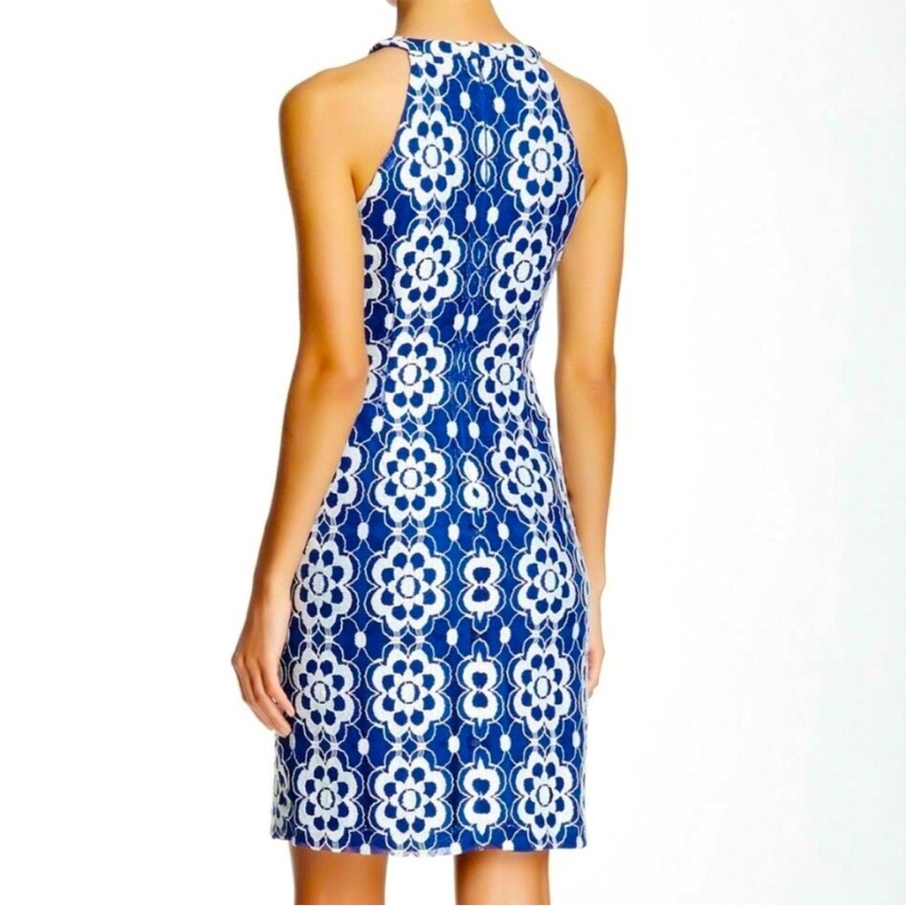 Nine West Floral Lace Halter Neck Sheath Dress Blue White Casual Dress size 6